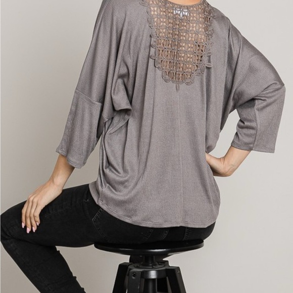 Cerule Gray Crinkle Knit Lace Back Top | Relaxed Fit Soft NWT S-L - Picture 3 of 9